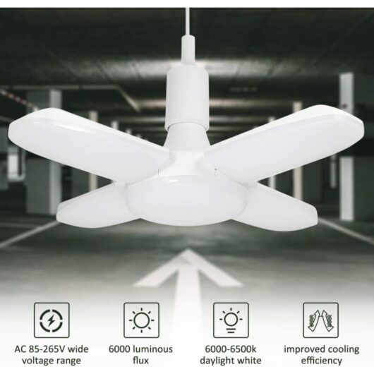LED Garage Light, 60W E26/ E27 6500K 6000Lm Workshop Lamp, Deformable 4 Adjustable Panels, LED Ceiling Light for Garage, Warehouse, Workshop,