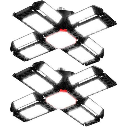 Led Workshop Light Garage Lighting 2 pcs, Deformable Ceiling Light with 12 Adjustable Panels - E26 / E27 Bay Light for Basement Shop Workshop