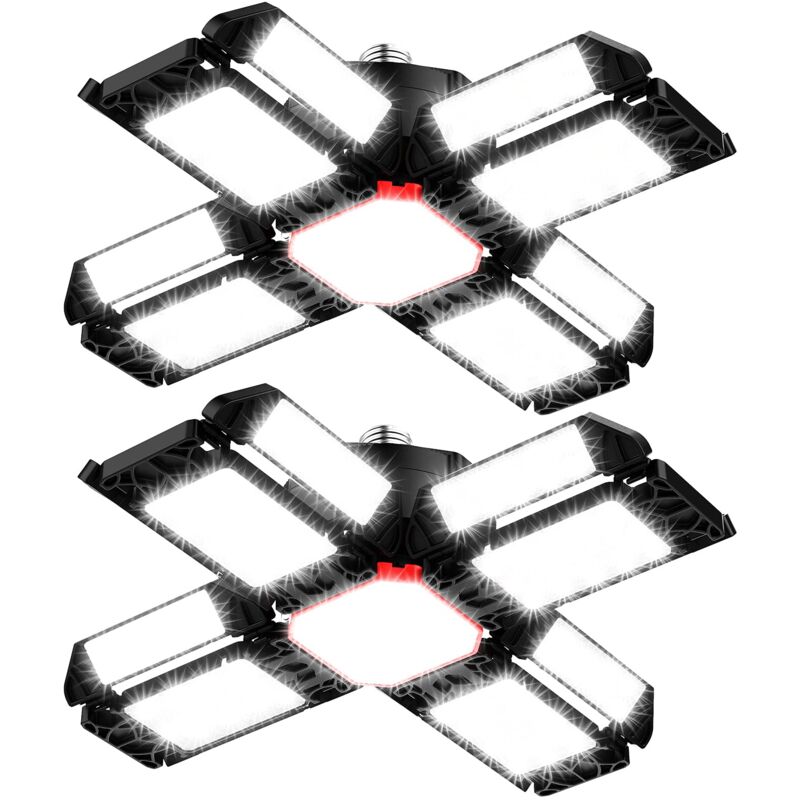 Led Workshop Light Garage Lighting 2 pcs, Deformable Ceiling Light with 12 Adjustable Panels - E26 / E27 Bay Light for Basement Shop Workshop