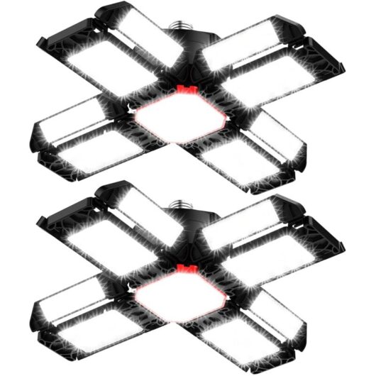 LED Workshop Lighting, 2-Pack, Deformable Ceiling Light with 12 Adjustable Panels - E26/E27, Workshop Light, Basement Light