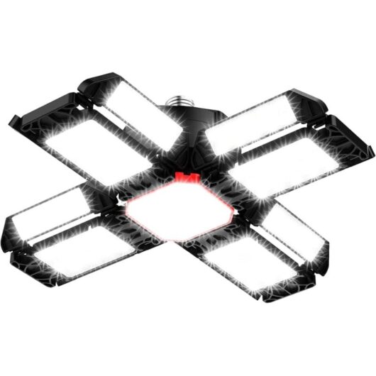 200W LED Workshop Lamp Garage Lighting 1 PCS 6500K Deformable Ceiling Light with 12 Adjustable Panels - E26 / E27 Bay Light for Cellar Shop Workshop