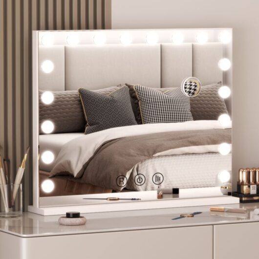 BIGZZIA - LED Makeup Mirror with Hollywood Light, Smart Makeup Mirror, 10x Magnifying Glass, Touch Control, 3 Dimmable Colors, 18 White Bulbs, 80cm x