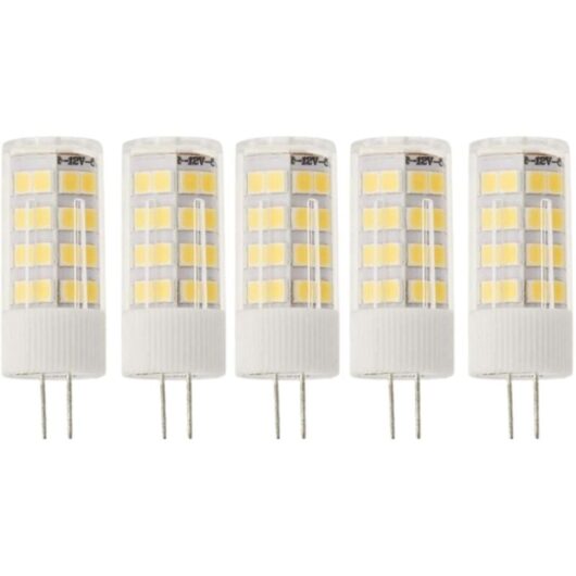 Pack of 5 12V DC G4 LED bulbs, 5W power, 6000K cool white, 400 lumens, (35-40W halogen equivalent), 12mm diameter, 46mm total length with pins,