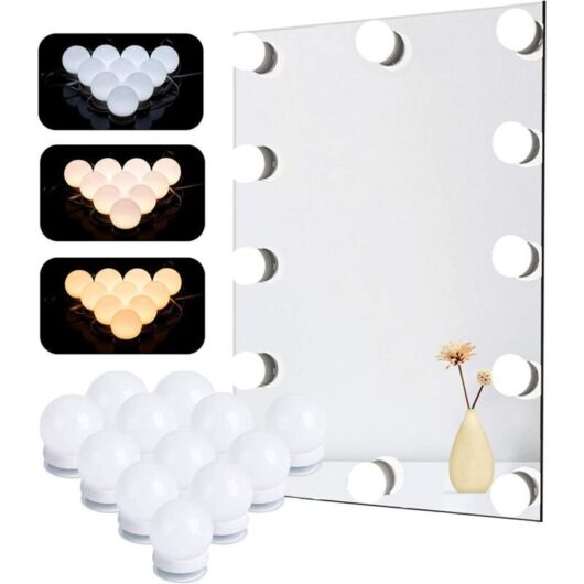 Natseekgo mirror lighting kit, 12 Hollywood style LED bulbs, adjustable brightness, for bathroom mirror, 3 colors, 10 brightness levels, with adapter