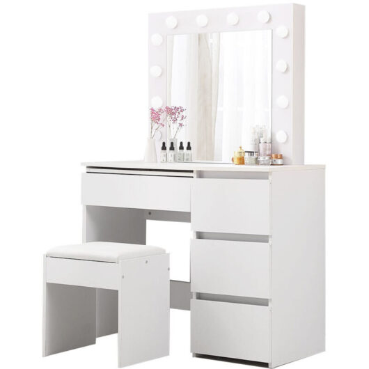 Levede Vanity Makeup Dressing Table White with Led Light Mirror Drawer PU Stool