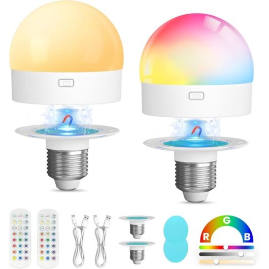 Rechargeable bulbs for lamps: 3000mAh E26 battery-powered bulb with remote control and timer, 3 color temperature settings + 12 RGB magnetic dimmable