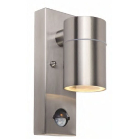 Outdoor LED wall light in stainless steel with adjustable PIR motion detector and dusk-to-dawn switch, IP54 waterproof, 230V, GU10 5W warm white
