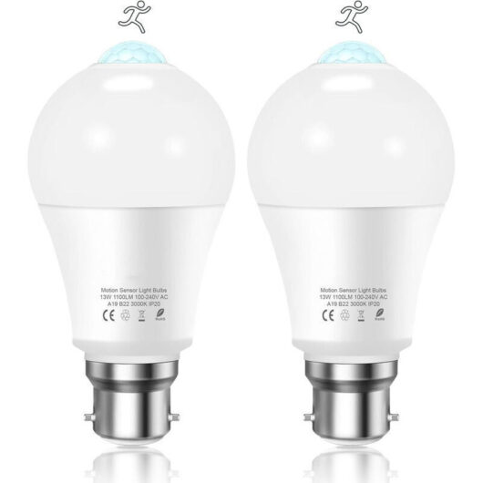 B22 Bayonet LED Motion Sensor Bulb, 12W, 1020lm, Cool White 6000K, CIR 85, IP42 Waterproof, Energy Saving, Non-Dimmable, Motion Sensor Bulb (2 pieces)