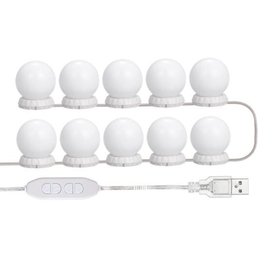 LED vanity mirror lighting kit with 10 adjustable bulbs, 10 brightness levels and 3 modes, USB string lights for makeup mirror