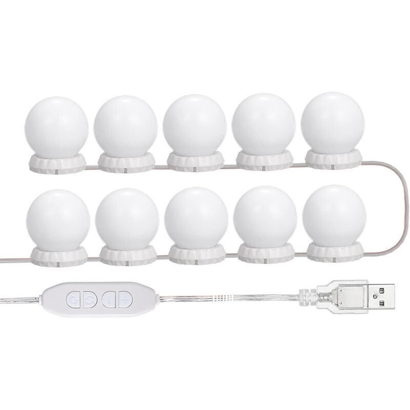 LED vanity mirror lighting kit with 10 adjustable bulbs, 10 brightness levels and 3 modes, USB string lights for makeup mirror