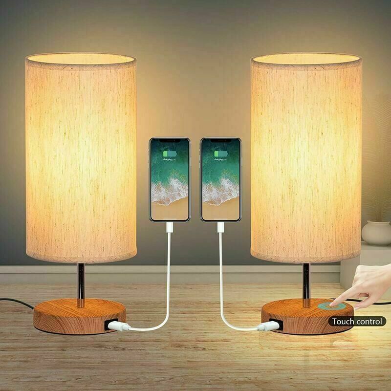 Set of 2 bedside lamps with touch control, offering 3 color temperatures and continuously adjustable brightness, equipped with USB charging ports,